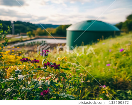 Colorful wildflowers in foreground with green storage tank and scenic landscape background Colorful wildflowers in foreground with green storage tank and scenic landscape background 132500872
