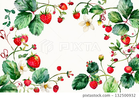 Watercolor illustration of strawberries and flowers creating a decorative frame with copy space Watercolor illustration of strawberries and flowers creating a decorative frame with copy space 132500932
