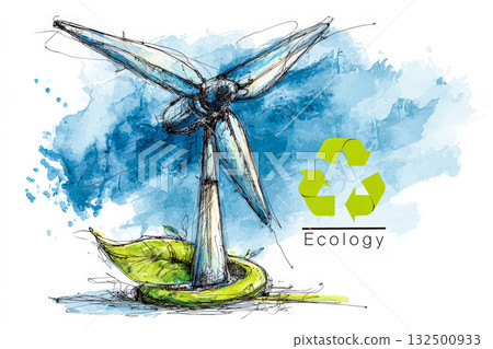Wind turbine illustration with green leaf and recycling symbol representing renewable energy concept 132500933