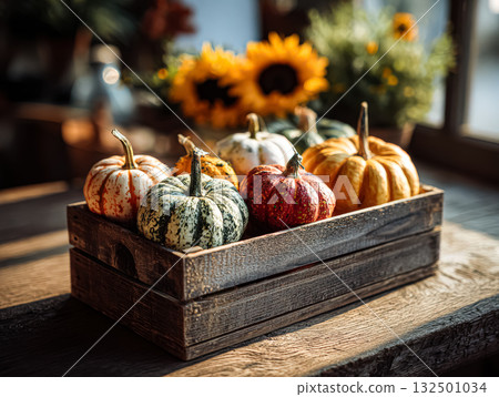 Colorful pumpkins arranged in a rustic wooden crate with sunflowers creating an autumn vibe 132501034