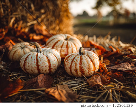 White pumpkins resting on straw with autumn leaves creating a warm Thanksgiving harvest vibe 132501129