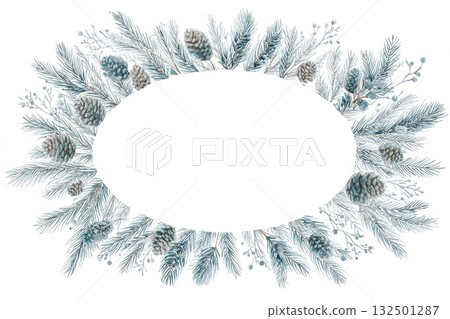 Festive winter wreath illustration featuring pine branches and cones, designed with an elegant oval shape, perfect for holiday greetings and seasonal decorations Festive winter wreath illustration featuring pine branches and cones, designed with an elegant oval shape, perfect for holiday greetings and seasonal decorations 132501287