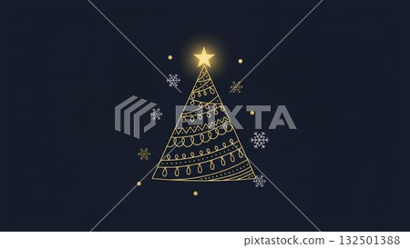 用手繪金線繪製的聖誕樹和雪花的簡單背景插圖 132501388