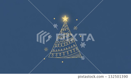 A simple background illustration of a Christmas tree and snowflakes drawn with hand-drawn gold lines 132501390