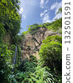 Tall waterfall cascading down rocky cliff in tropical forest 132501591