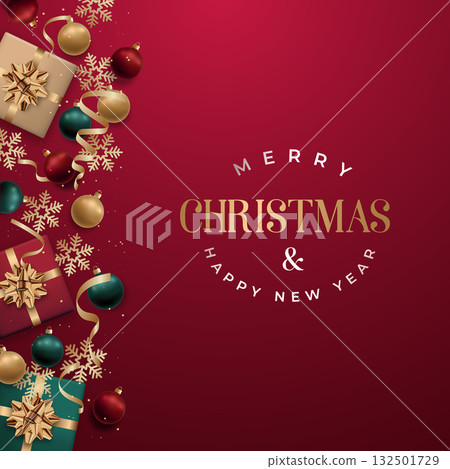 Merry Christmas and Happy New Year text with festive decorations Merry Christmas and Happy New Year text with festive decorations 132501729