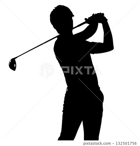 一名男高爾夫球手用一號木大力揮桿的剪影圖標 132501756