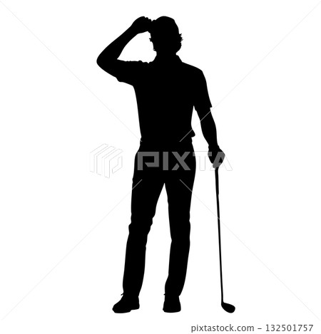 一位男高爾夫球手的剪影圖標，他的右手放在帽子上 132501757