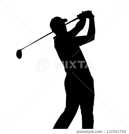 一名男高爾夫球手用一號木大力揮桿的剪影圖標 132501758