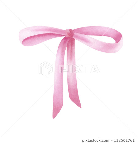 Pink bow, tied satin ribbon. Delicate watercolor clip art, hand drawn illustration isolated from background. Festive bow for gift box, greeting card design, birth of daughter, girl holiday, accessory Pink bow, tied satin ribbon. Delicate watercolor clip art, hand drawn illustration isolated from background. Festive bow for gift box, greeting card design, birth of daughter, girl holiday, accessory 132501761