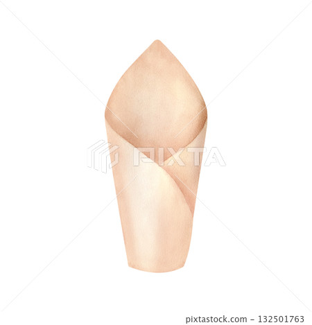 Craft cone for one flower or food. Floral wrap pack in rustic style. Watercolor empty blank clip art. Beige opened paper cup. Illustration isolated from background. Hand drawn art for your design 132501763