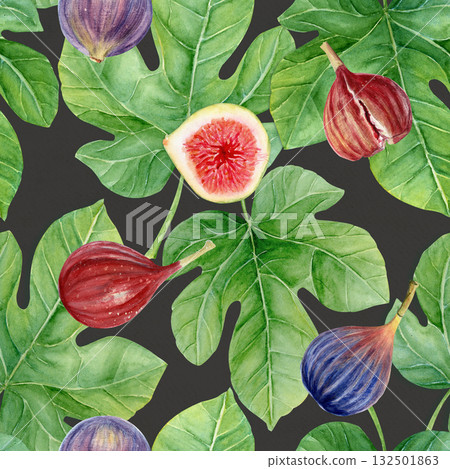 Figs with leaves, detailed texture watercolor seamless pattern isolated on gray. Hand-painted botanical clipart for organic design, food packaging, eco branding, textile, wrapping paper, healthy 132501863