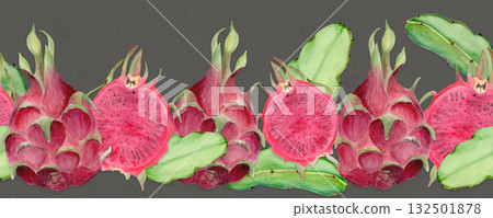 Bright pink dragon fruit whole, half with seeds and leaves. Hand-painted watercolor seamless border on grey. Perfect for tropical food design, packaging, branding, healthy lifestyle projects, prints. 132501878