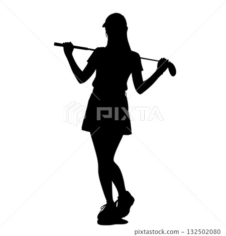一位肩扛球桿站立的女子高爾夫球手的全身輪廓圖示。向量 EPS 一位肩扛球桿站立的女子高爾夫球手的全身輪廓圖示。向量 EPS 132502080