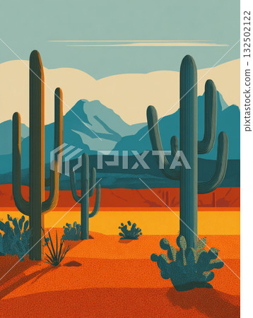 A vibrant, stylized digital illustration of a desert landscape featuring various cacti silhouettes against a gradient sky and a large, textured orange sun, with rich teal, green, and pink colors. A vibrant, stylized digital illustration of a desert landscape featuring various cacti silhouettes against a gradient sky and a large, textured orange sun, with rich teal, green, and pink colors. 132502122