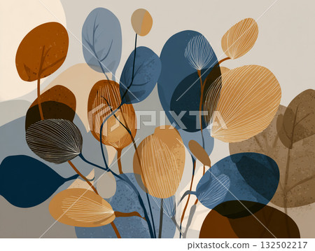 Abstract digital art featuring overlapping tropical and palm leaves in a textured, muted palette of deep blue, earthy brown, rust, and beige against a neutral background. 132502217