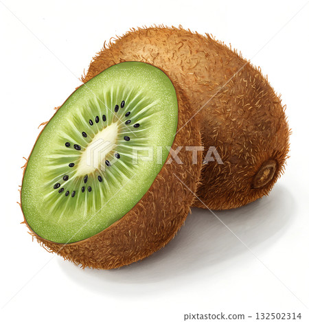 A whole fuzzy brown kiwi fruit stands beside a bright green kiwi half with black seeds 132502314