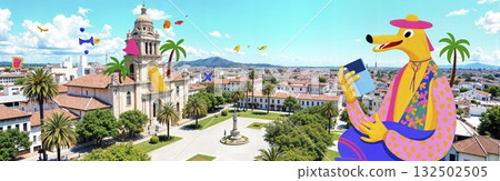 A brown ape takes photos in a tropical city with palms - ai generated 132502505