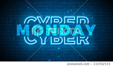 Cyber Monday Sale Shopping Day Banner with Glowing Neon Light Typography Lettering on Vintage Brick Wall Background. Vector Christmas Holiday Season Design for Discount Offer, Promotion Flyer 132502533
