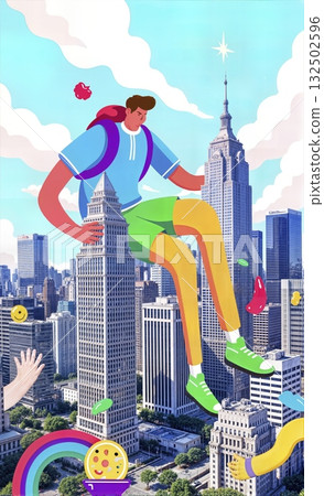 A big drawn figure explores a modern city with bright blue skies - ai generated A big drawn figure explores a modern city with bright blue skies - ai generated 132502596