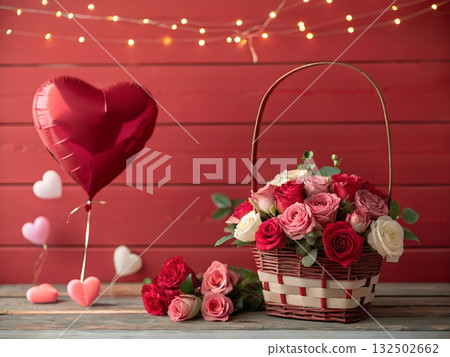 Red heart balloon and diverse rose bouquet in a basket against red wood wall with string lights 132502662
