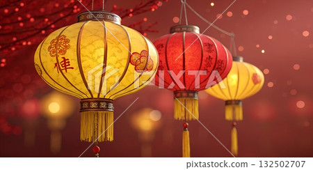 Red and yellow ornamental lanterns with decorative patterns and tassels hang against a blurred red background Red and yellow ornamental lanterns with decorative patterns and tassels hang against a blurred red background 132502707
