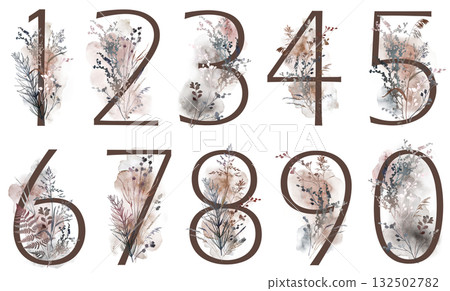 Numbers with watercolor autumn leaves and grass in brown tones, winter wedding illustration Numbers with watercolor autumn leaves and grass in brown tones, winter wedding illustration 132502782