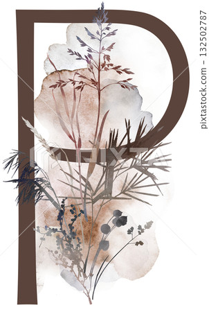 Capital letter P with watercolor autumn leaves and grass in earth tones, winter wedding illustration Capital letter P with watercolor autumn leaves and grass in earth tones, winter wedding illustration 132502787