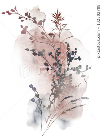 Watercolor boho autumn floral bouquet with dried leaves in brown tones, wedding illustration 132502789