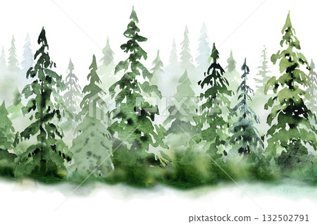 Hand drawn watercolor green spruce or pine tree misty forest, winter isolated illustration, copy space Hand drawn watercolor green spruce or pine tree misty forest, winter isolated illustration, copy space 132502791