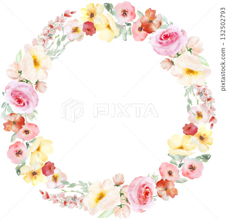 Frame with Watercolor pink and yellow flowers and leaves, pastel wedding isolated illustration 132502793