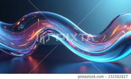 Curved iridescent glass tube with glowing neon reflections - ai generated 132502827
