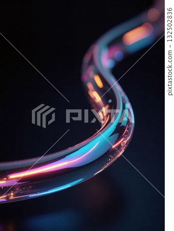 Curved iridescent glass tube with glowing neon reflections - ai generated 132502836