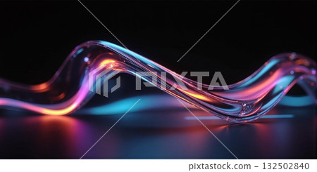 Curved iridescent glass tube with glowing neon reflections - ai generated Curved iridescent glass tube with glowing neon reflections - ai generated 132502840