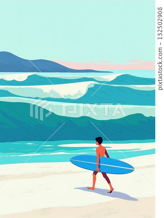 Minimal beach scene with lone surfer and blue waves - ai generated 132502908