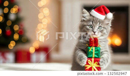 Adorable kitten in a Santa hat holding Christmas gifts in front of a blurred tree and cozy fireplace. 132502947
