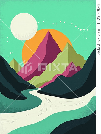 Abstract landscape with river, colorful mountains and sunset - ai generated 132502986