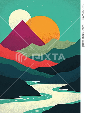Abstract landscape with river, colorful mountains and sunset - ai generated 132502989