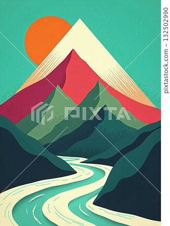 Abstract landscape with river, colorful mountains and sunset - ai generated 132502990
