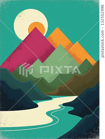 Abstract landscape with river, colorful mountains and sunset - ai generated 132502996