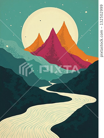 Abstract landscape with river, colorful mountains and sunset - ai generated 132502999