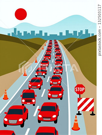 City traffic jam with cars, roadblock, sunset and skyline - ai generated 132503117