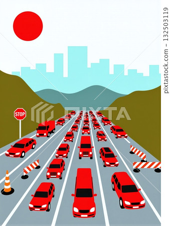 City traffic jam with cars, roadblock, sunset and skyline - ai generated 132503119