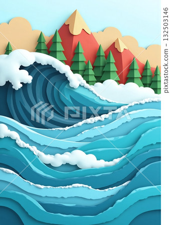 Blue ocean waves with foam and green mountains, landscape - ai generated Blue ocean waves with foam and green mountains, landscape - ai generated 132503146