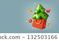 Winter holiday shopping background with a 3d Christmas tree in a red gift bag 132503166