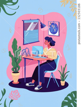Businesswoman working at computer desk surrounded by plants - ai generated Businesswoman working at computer desk surrounded by plants - ai generated 132503186
