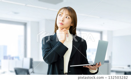 A woman/businesswoman thinking with a laptop A woman/businesswoman thinking with a laptop 132503282