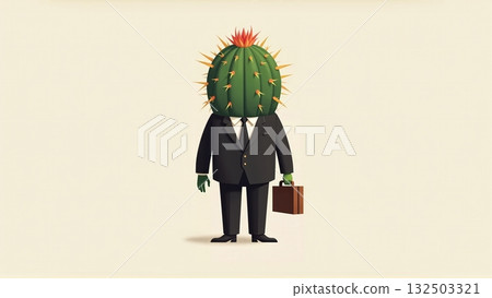 Aloof cactus head businessman in suit defensive work climate - ai generated Aloof cactus head businessman in suit defensive work climate - ai generated 132503321