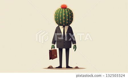 Aloof cactus head businessman in suit defensive work climate - ai generated Aloof cactus head businessman in suit defensive work climate - ai generated 132503324