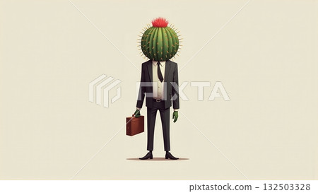 Aloof cactus head businessman in suit defensive work climate - ai generated 132503328
